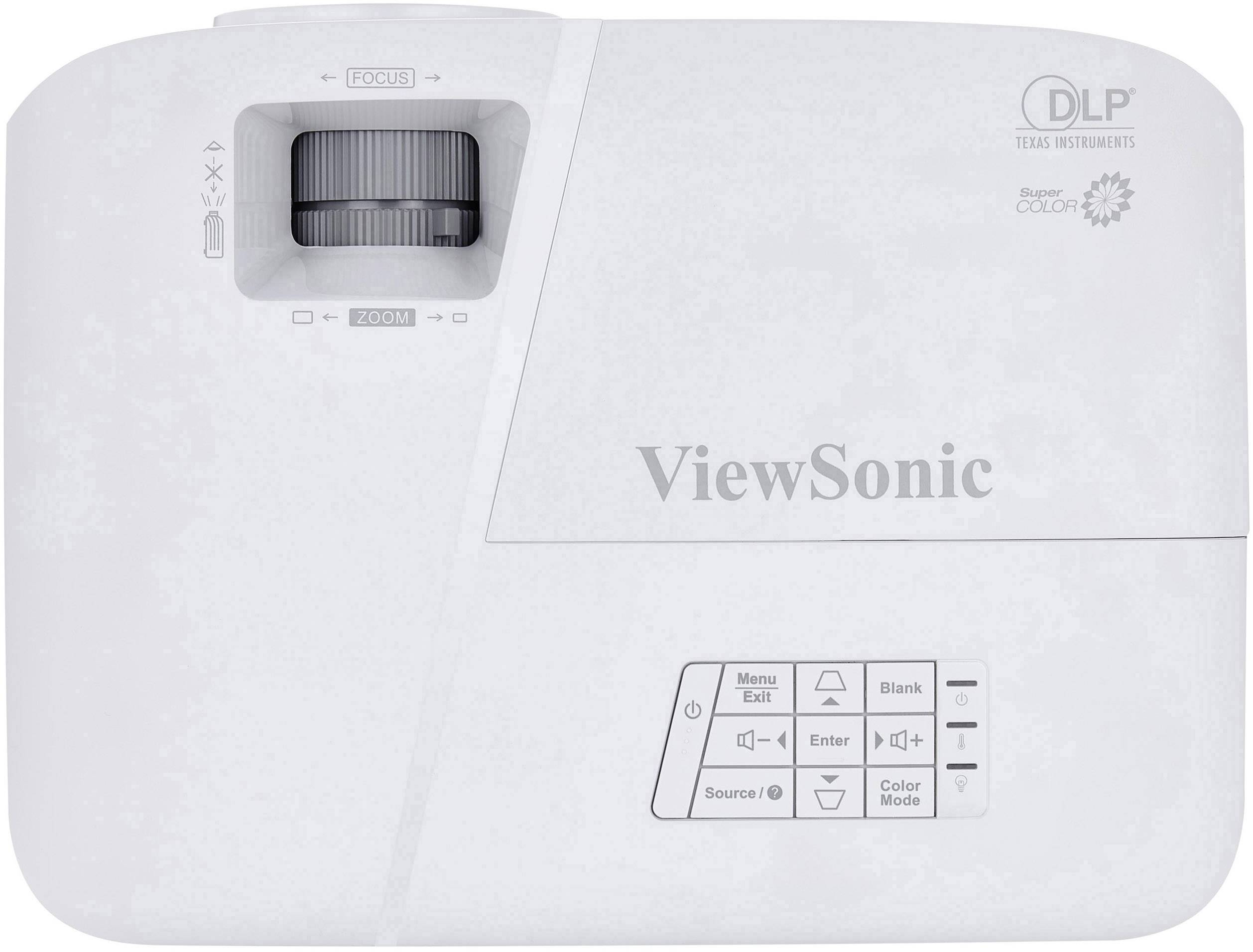 Proiettore ViewSonic con comandi, ghiera di messa a fuoco e logo.
