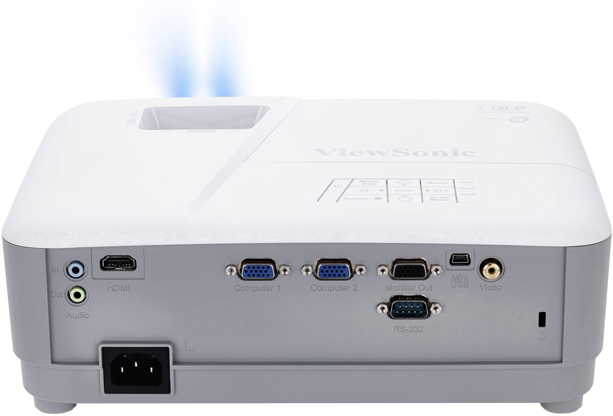 Un proiettore bianco visto da dietro, che mostra diverse porte di connessione: HDMI, VGA, Audio e USB. Nella parte superiore sono visibili le fessure di ventilazione.