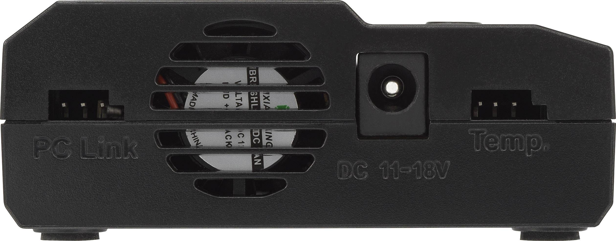 Dispositivo nero rettangolare con fessure di ventilazione al centro e connessioni su entrambi i lati, contrassegnato con 'PC Link' e 'Temp'.