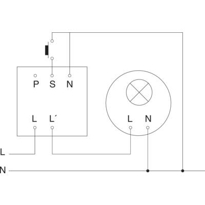 Schema elettrico di un sistema con interruttori, trasformatore e lampada. Morsetti L e N contrassegnati. Cablaggio illustrato.