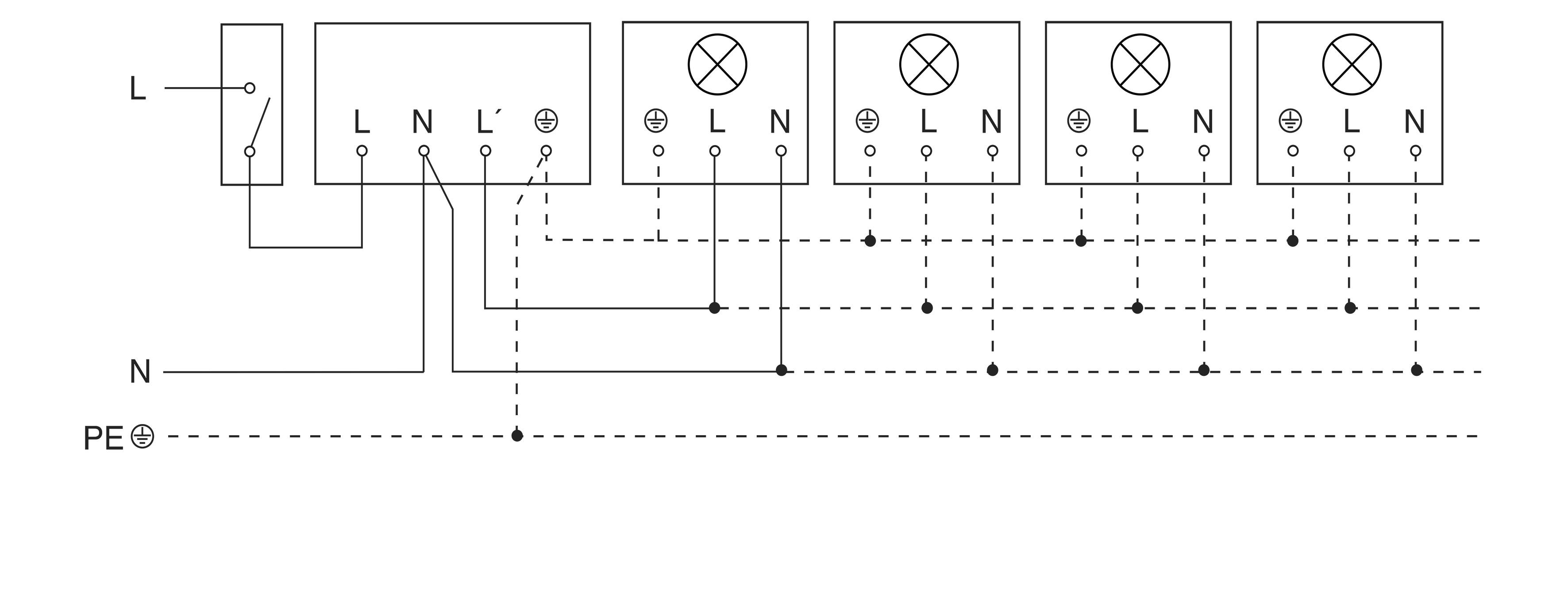 Diagramma di cablaggio per più apparecchi di illuminazione controllati da un singolo interruttore, che mostra le connessioni L, N e PE con cablaggio a catena e linee di collegamento tratteggiate.