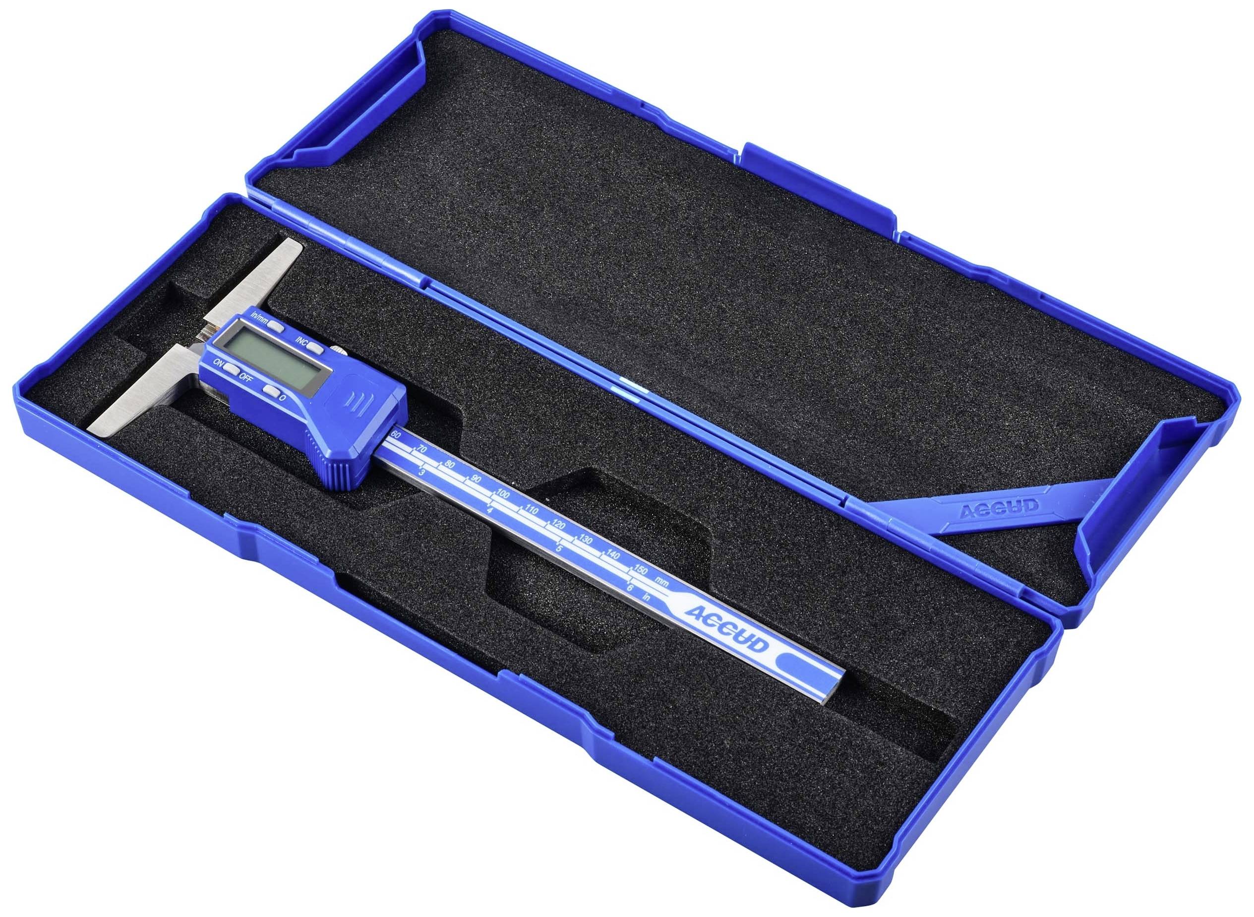 'Un calibro digitale blu in una custodia protettiva, pronto per misurazioni precise in diverse applicazioni tecniche.'