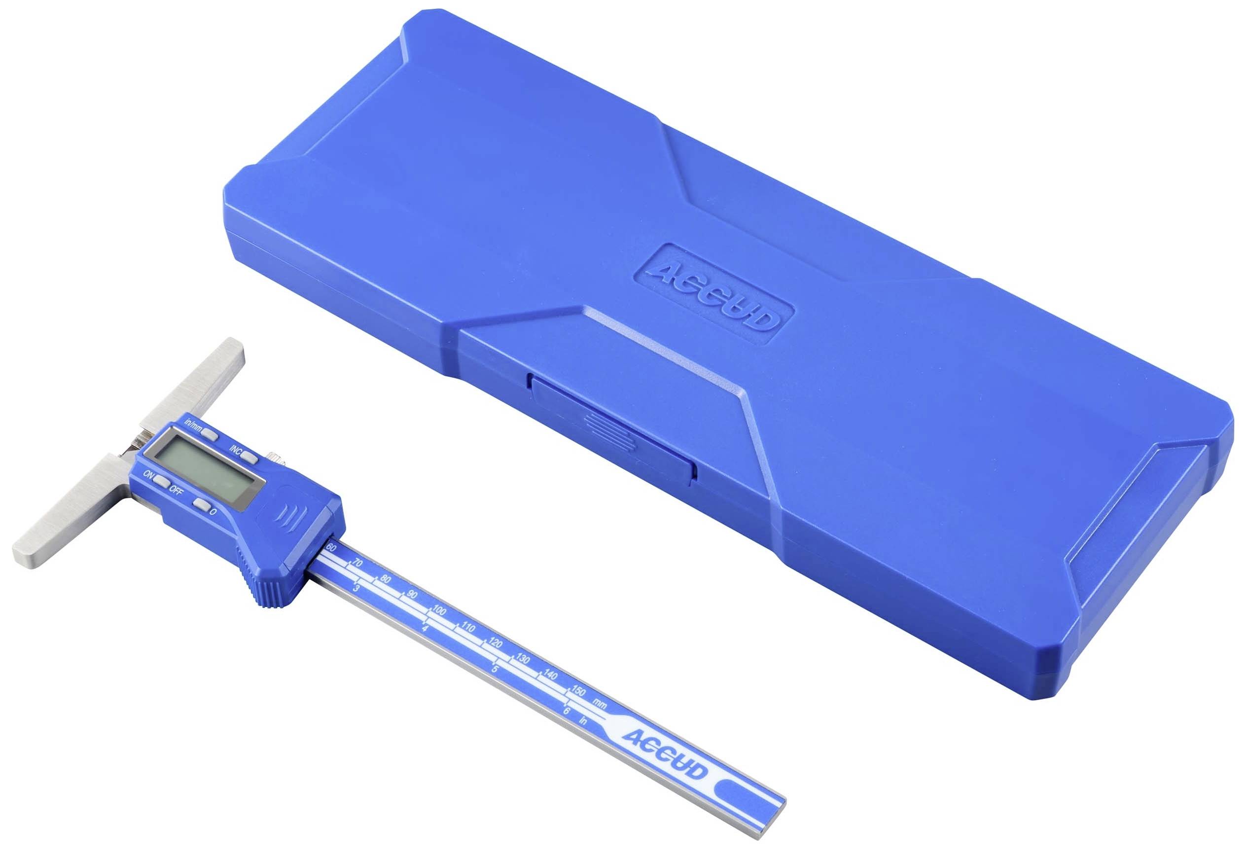 Calibro digitale con display e custodia blu; utilizzato per misurare con precisione distanze interne ed esterne.