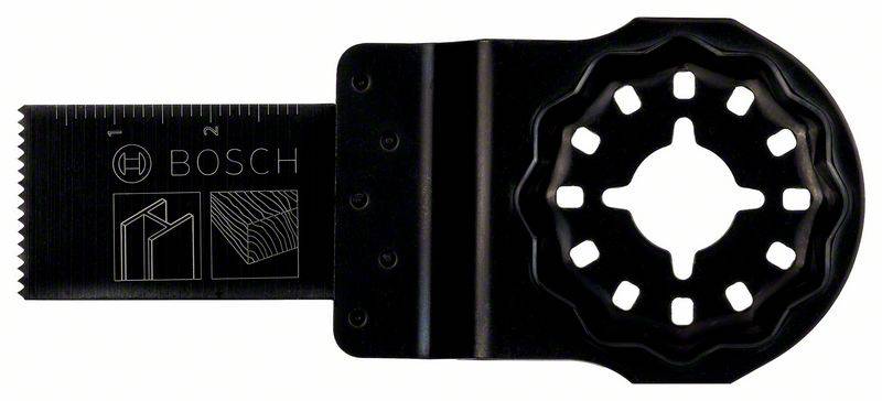 Lama oscillante nera con segni per tagli su legno e metallo; marchio 'BOSCH' e scala di 1-2 pollici.
