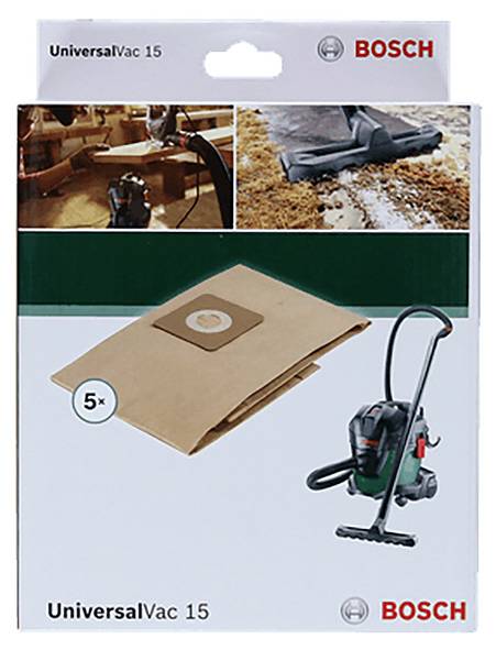 Confezione dell'aspirapolvere 'Bosch UniversalVac 15' con immagine dell'aspirapolvere, cinque sacchetti di ricambio e aspirapolvere in funzione.