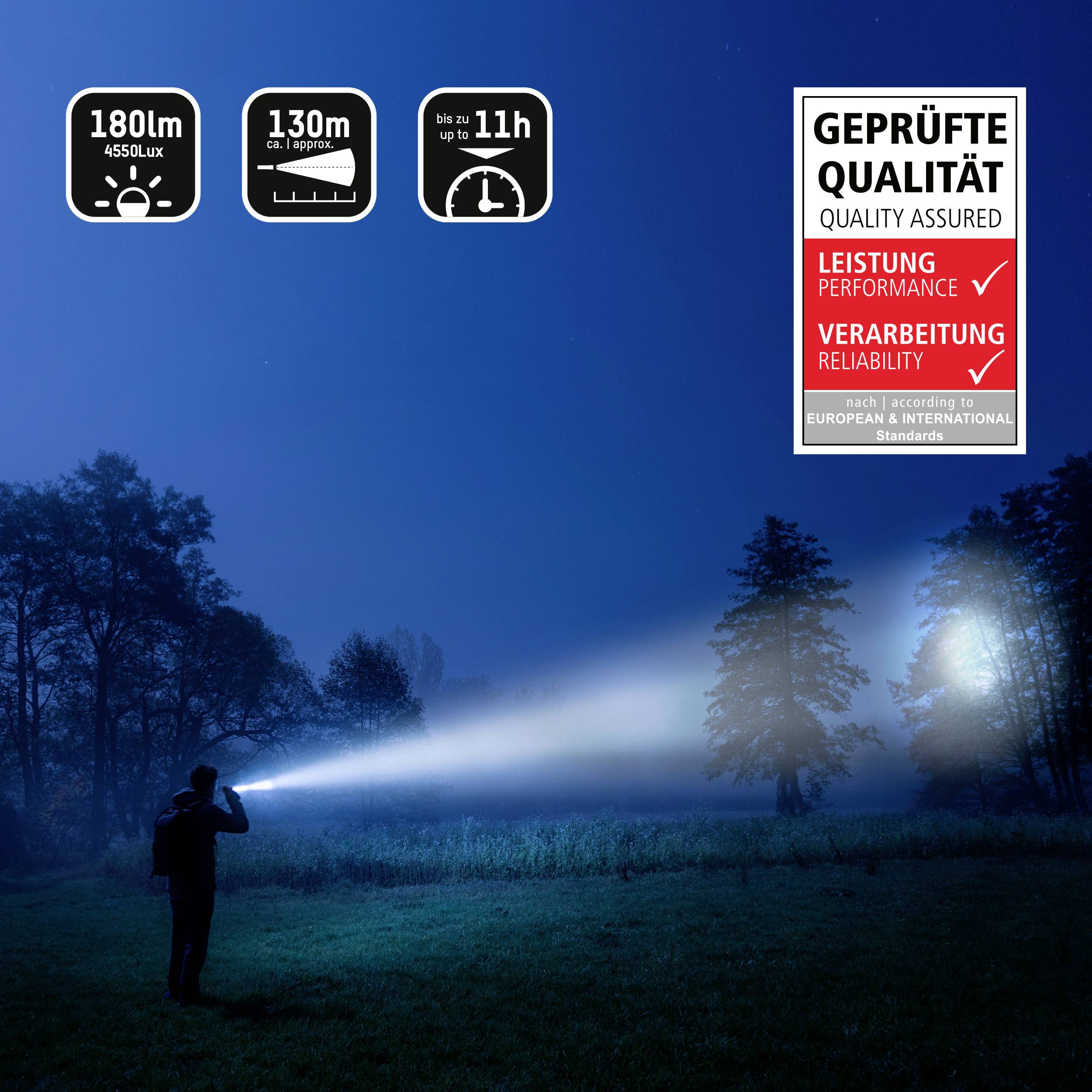 Persona con una torcia elettrica illumina un ambiente blu scuro e nebbioso. A destra un sigillo: 'Qualità Verificata', che sottolinea prestazione e affidabilità.