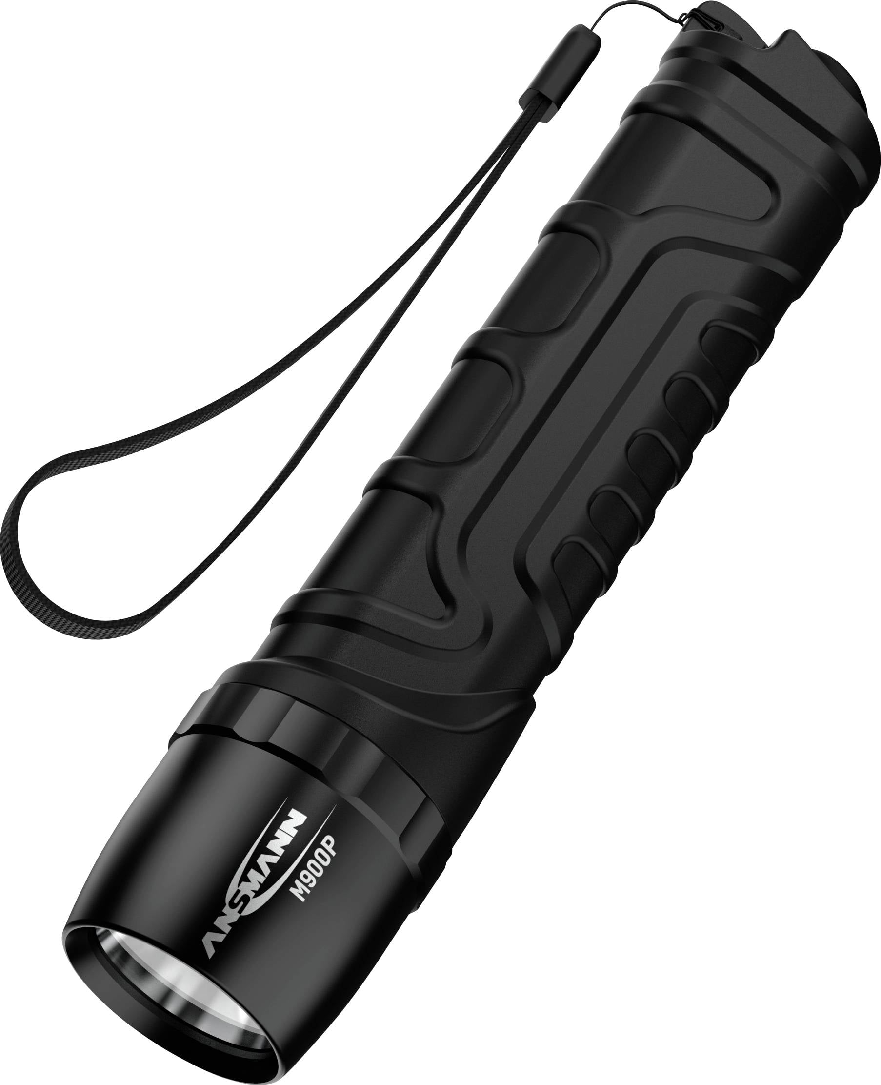 Torcia nera con superficie strutturata e cinghietta da polso. Marchio 'ANSMANN' e numero modello 'H800P' stampati.
