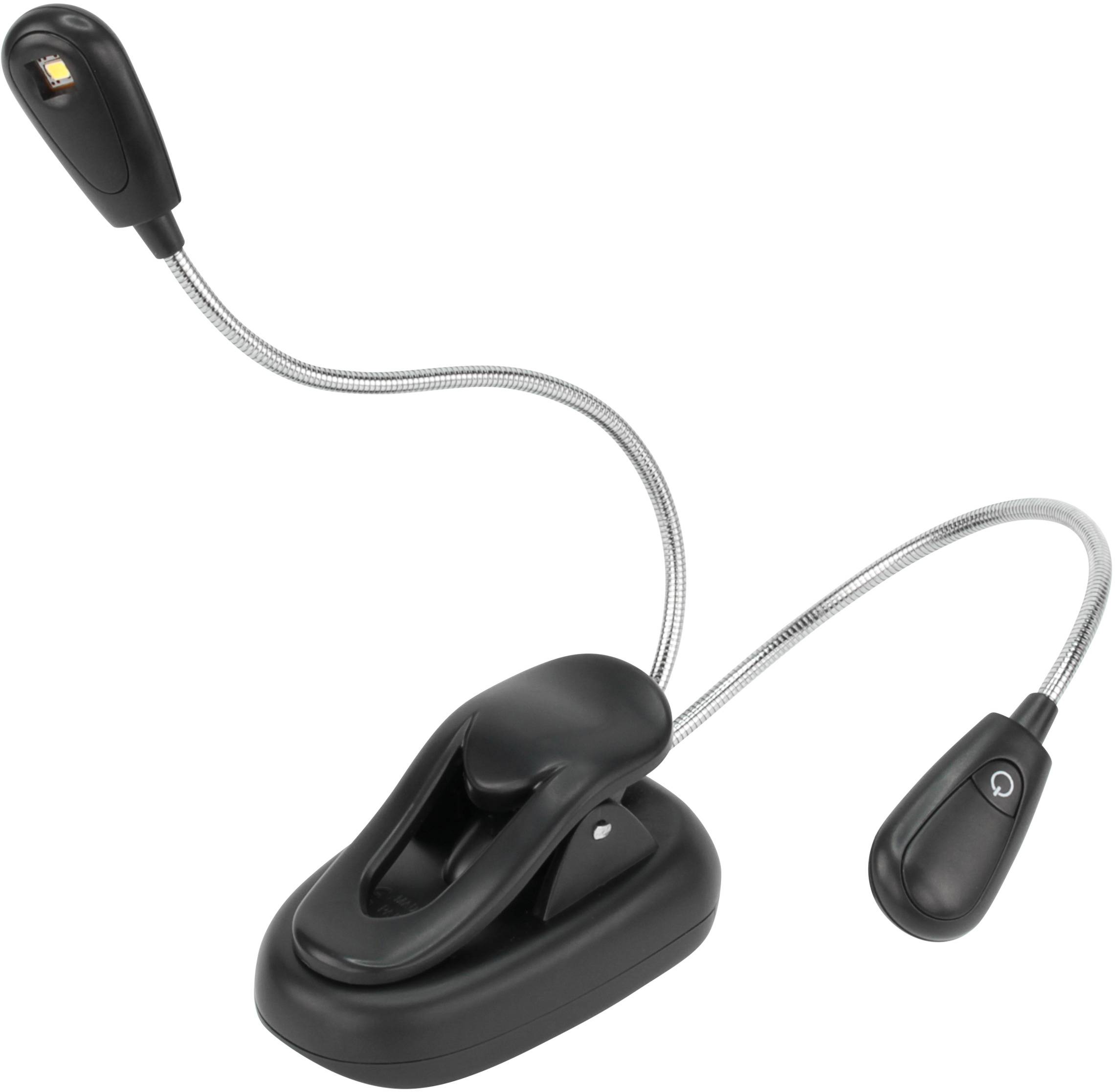 Lampada da lettura LED nera con due bracci flessibili e base a clip. Ideale per essere fissata a libri o altri materiali di lettura.
