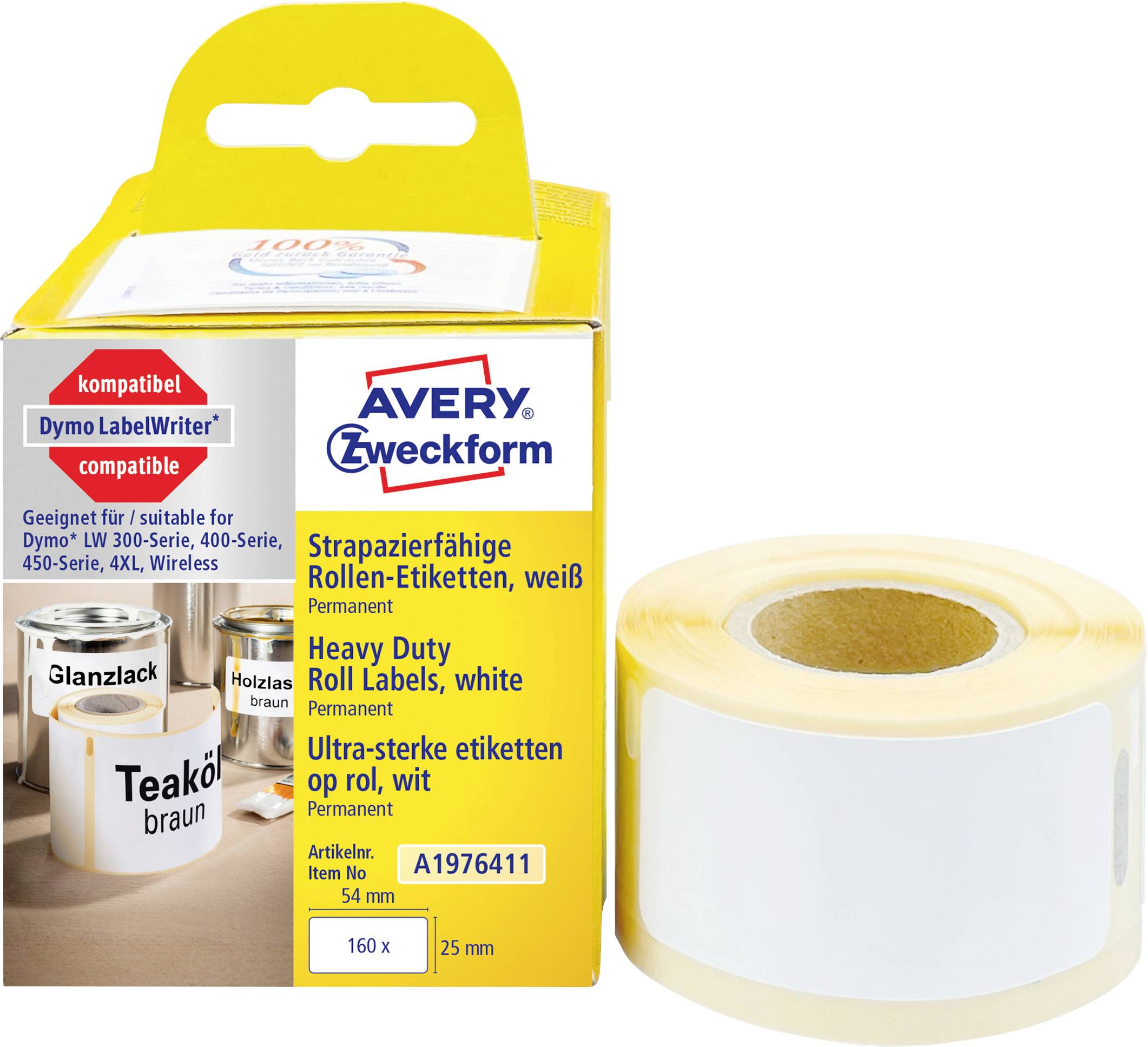 Avery-Zweckform A1976411 Rotolo di etichette 25 x 54 mm Pellicola Bianco 160 pz. A tenuta permanente Etichetta universale
