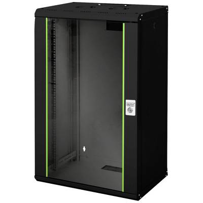 Armadio di rete nero con porta in vetro e linee di accento verdi, in piedi, vuoto. Ideale per componenti IT in ufficio o a casa.