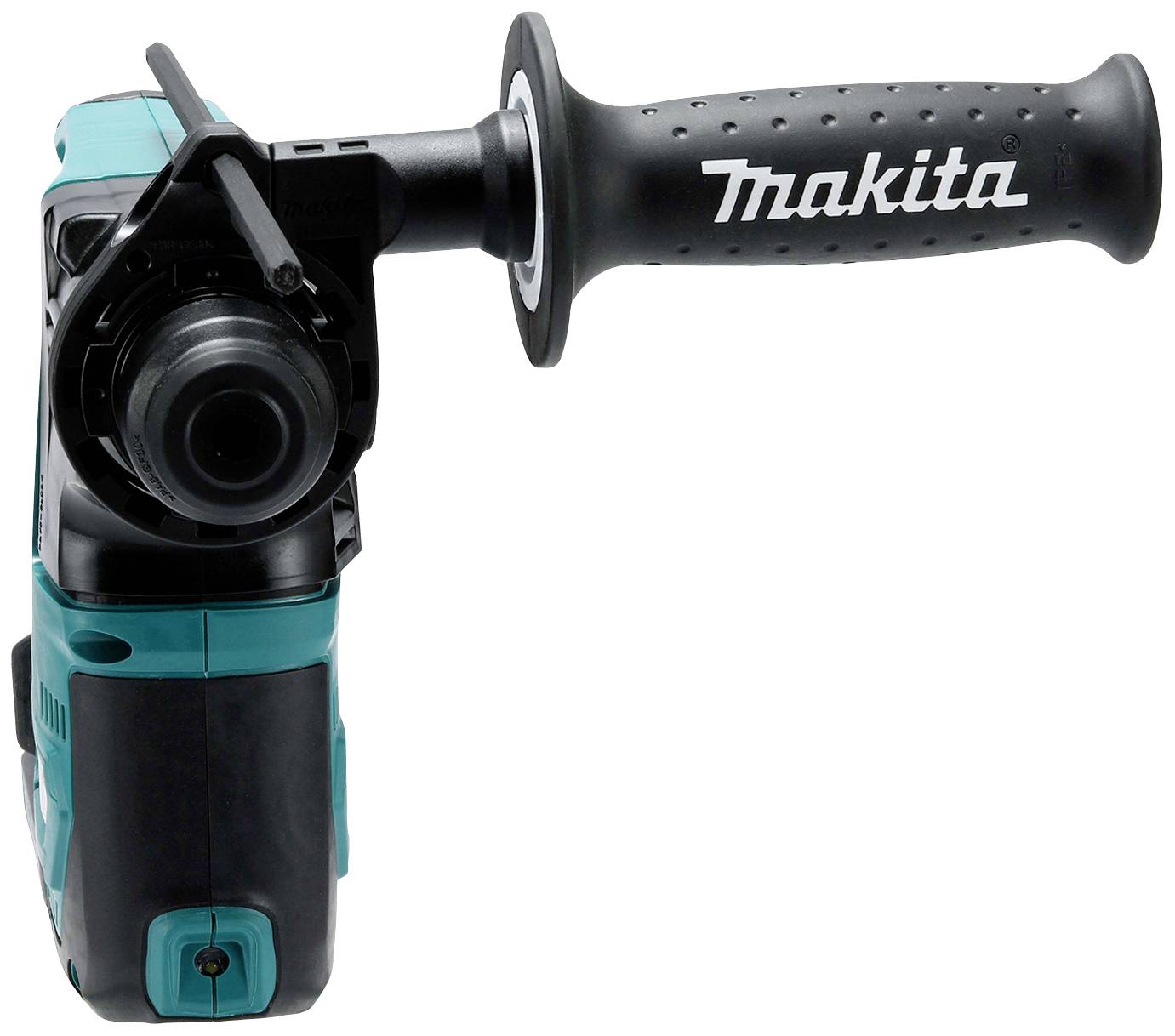 Martello perforatore Makita a batteria con impugnatura nera e involucro blu, vista frontale.