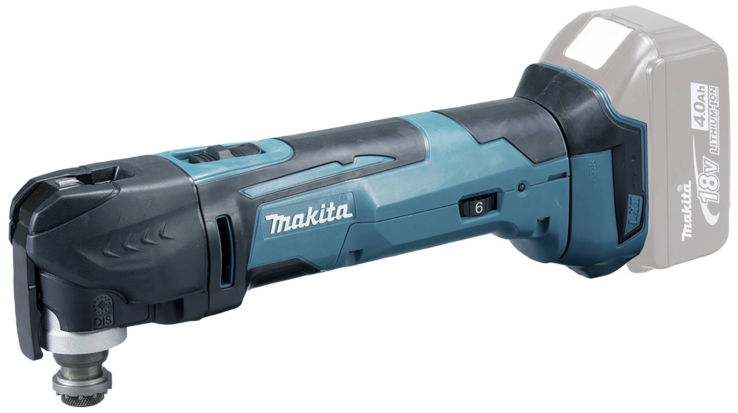Un utensile multiuso senza fili in blu con una batteria rimovibile. Adatto per lavori di taglio e levigatura.