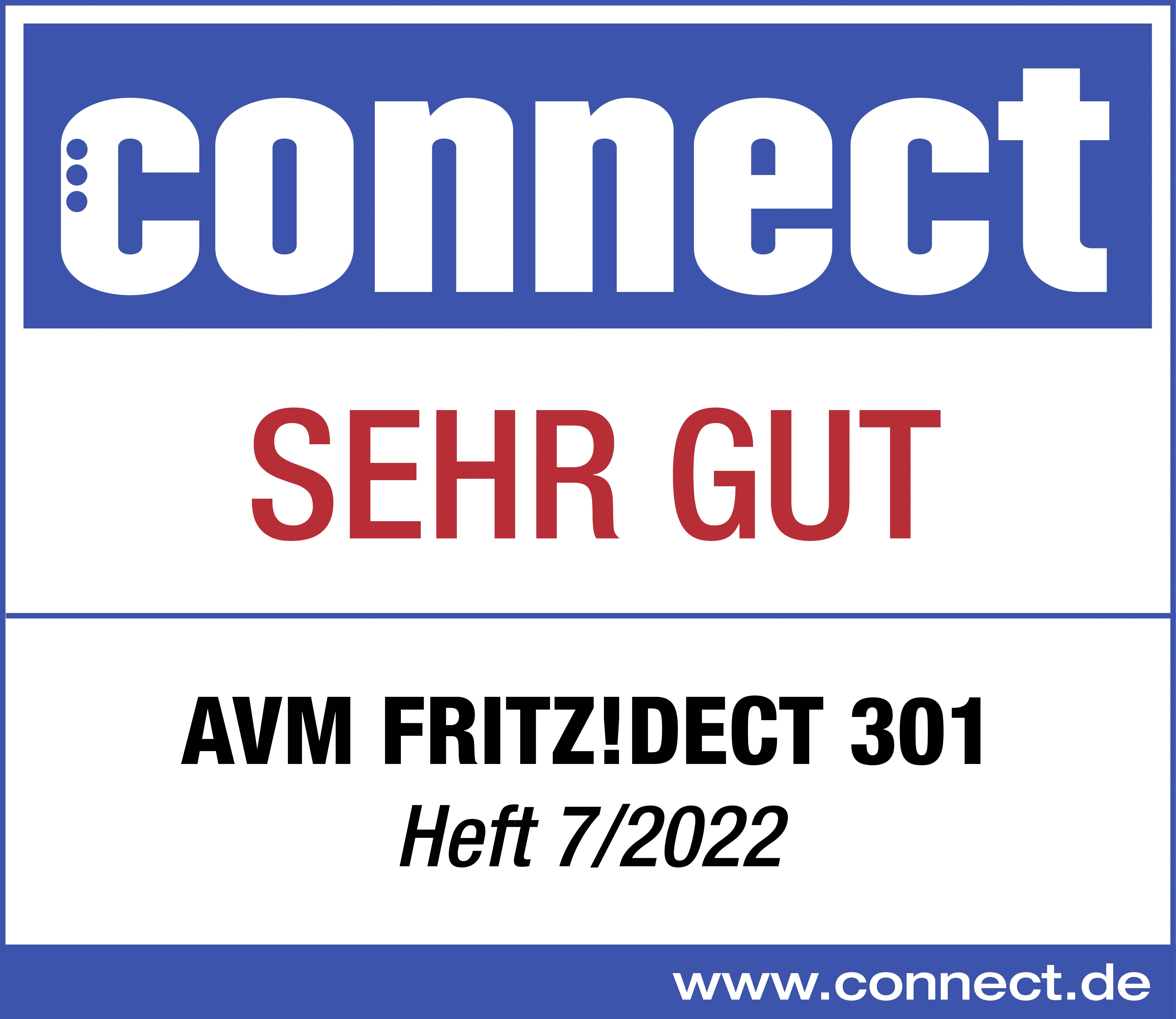 L'immagine mostra il logo di Connect con la valutazione 'MOLTO BENE' per AVM FRITZ!DECT 301, Rivista 7/2022. Sito web www.connect.de.