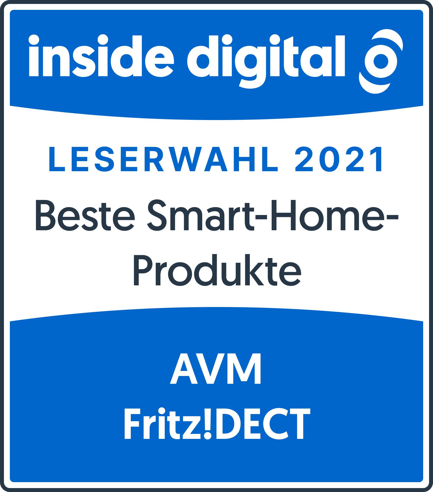 Riconoscimento di 'inside digital' per i 'Migliori Prodotti Smart Home 2021', conferito a 'AVM Fritz!DECT'.
