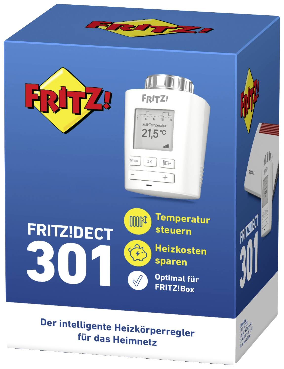 Confezione del termostato 'FRITZ!DECT 301' che mostra il dispositivo e le sue funzionalità come controllo della temperatura, risparmio sui costi di riscaldamento, ottimale per FRITZ!Box.