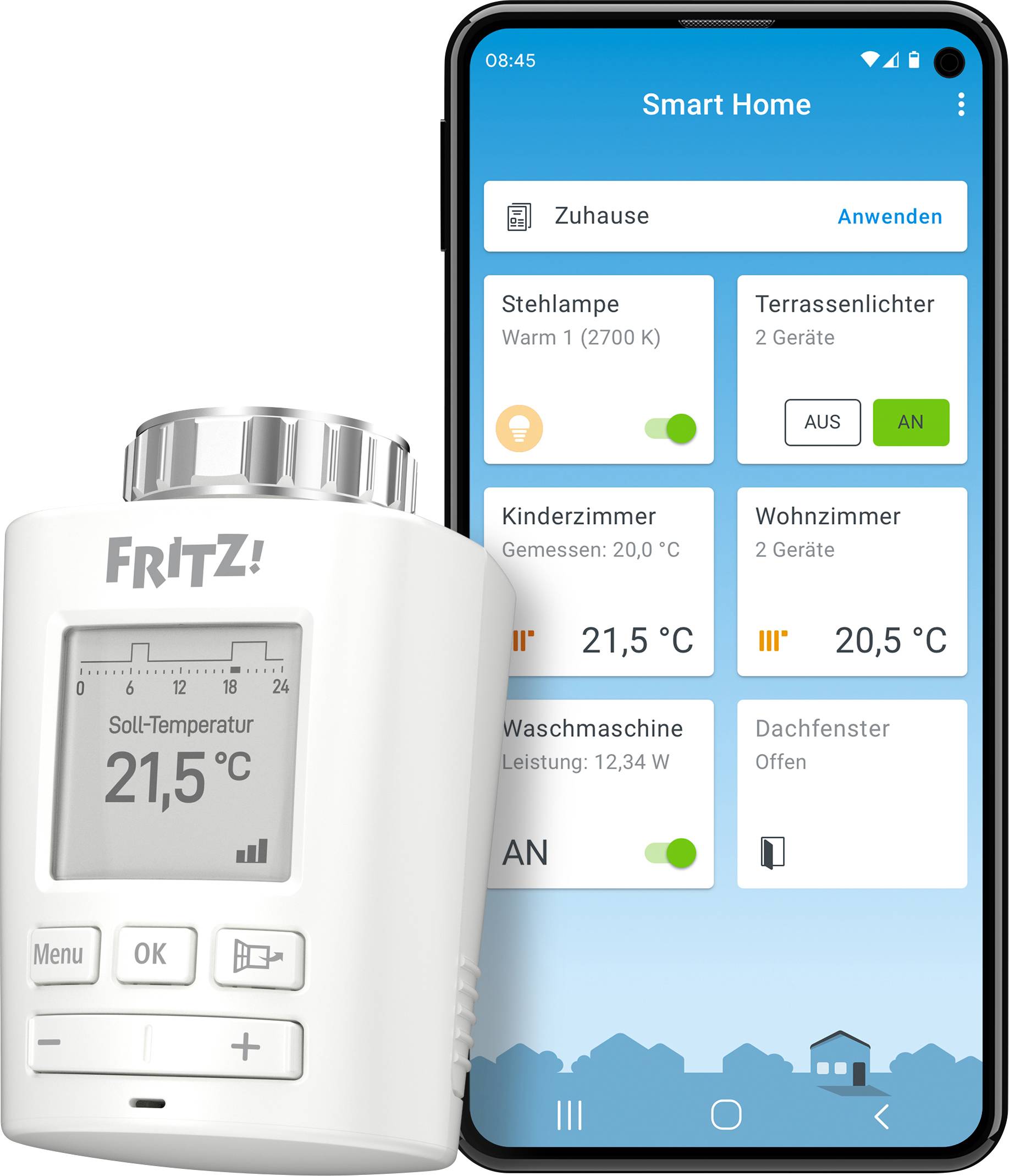Termostato intelligente per radiatori accanto a uno smartphone con app per la casa intelligente. Il display della temperatura mostra 21,5°C. L'app visualizza lo stato dei dispositivi.