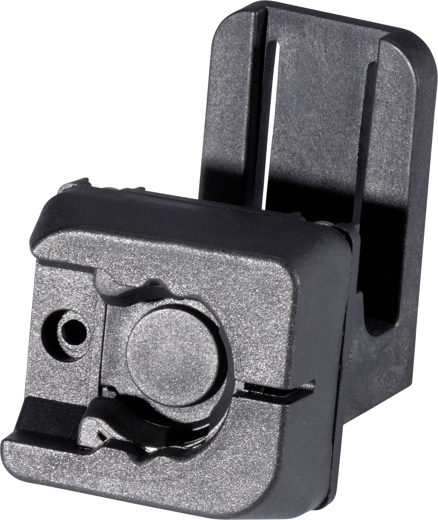 Supporto in plastica nero-grigio con base quadrata e scanalatura verticale per clip.