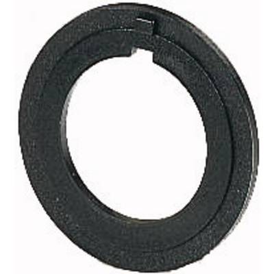 Parte rotonda di accessori per obiettivo fotografico nero, probabilmente un anello adattatore, isolata su sfondo bianco.