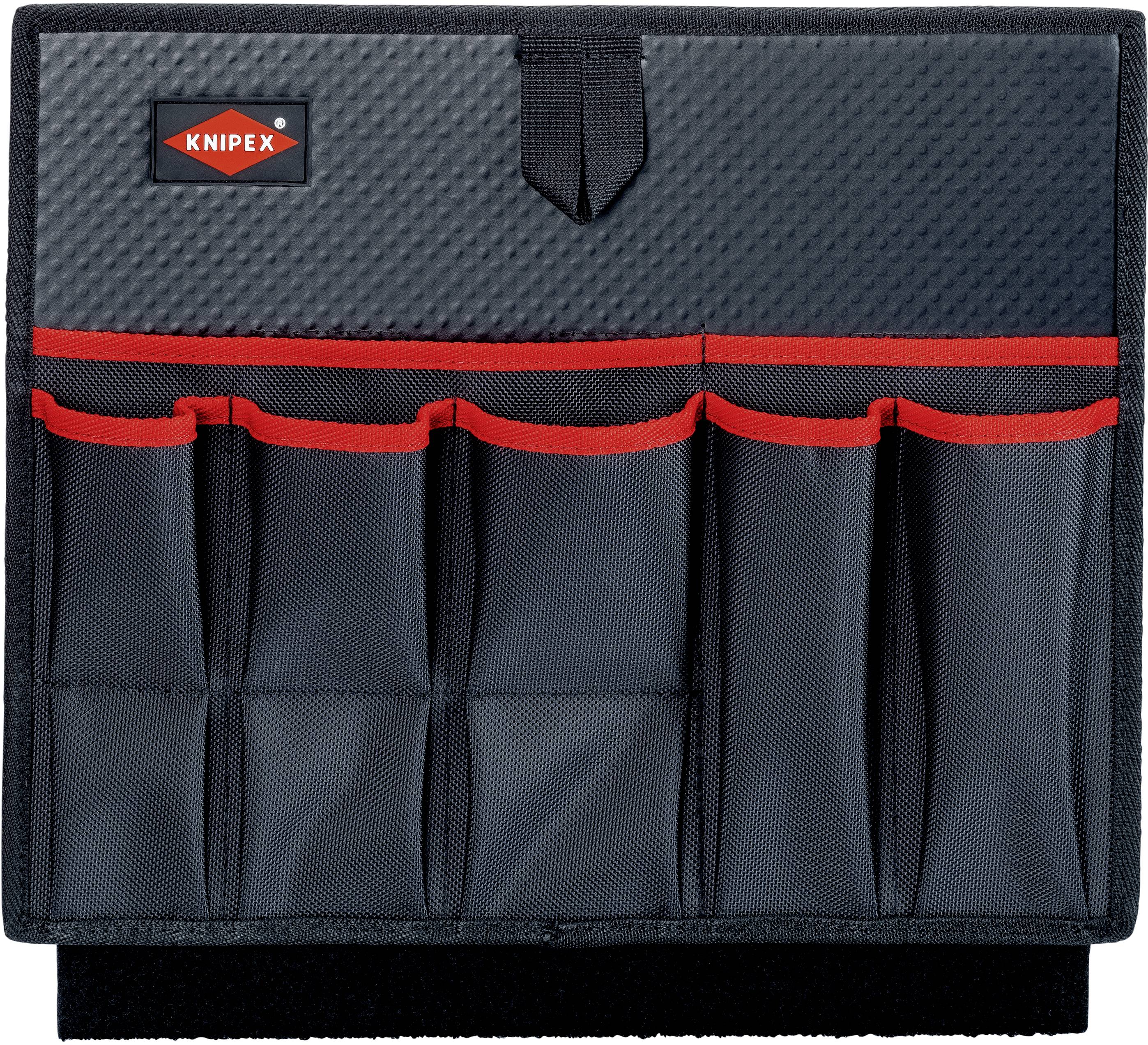 Borsa porta attrezzi nera con quattro tasche e bordo rosso, ideale per conservare e organizzare gli utensili.