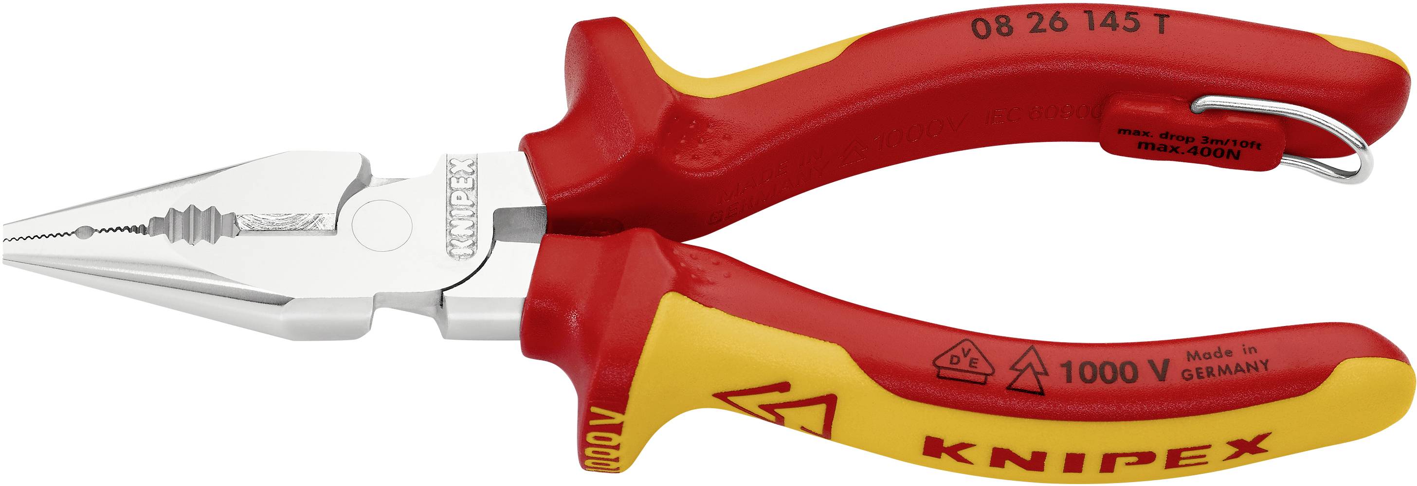 Pinze a combinazione rosse e gialle con manici isolati, idonee per lavori fino a 1000V. Prodotte da un marchio noto in Germania.
