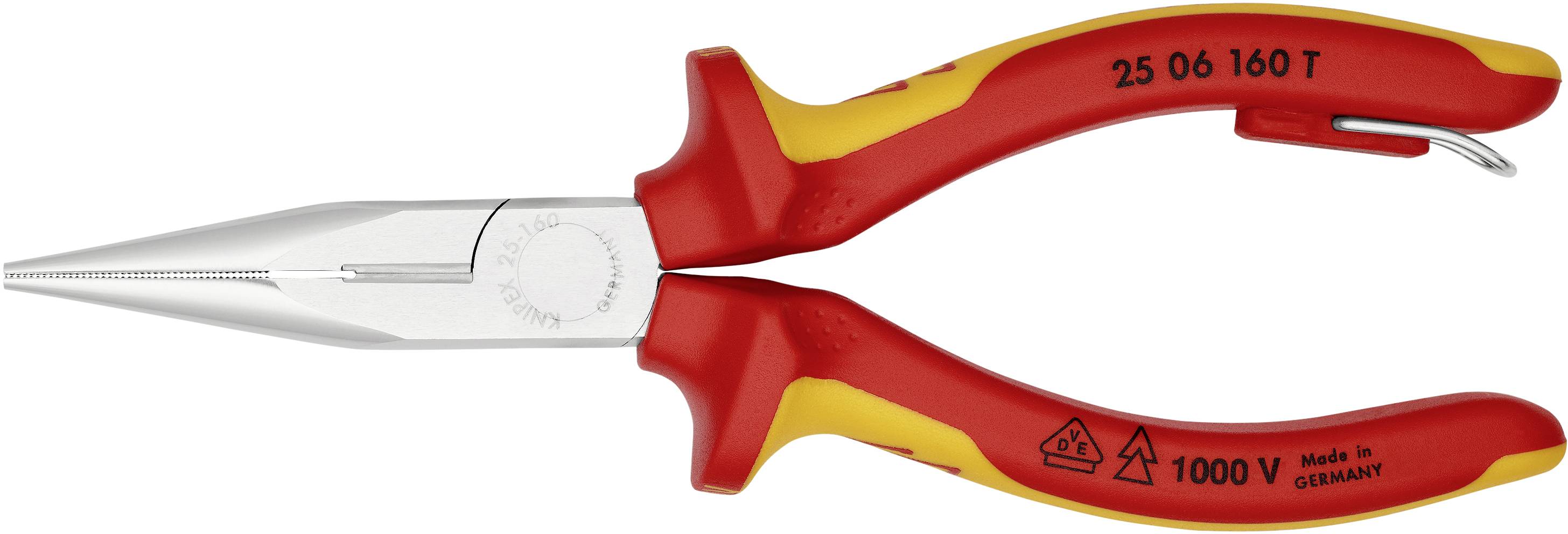 Una pinza telefonica isolata con impugnatura rossa e gialla, idonea per lavori fino a 1000 V come indicato sull'utensile.