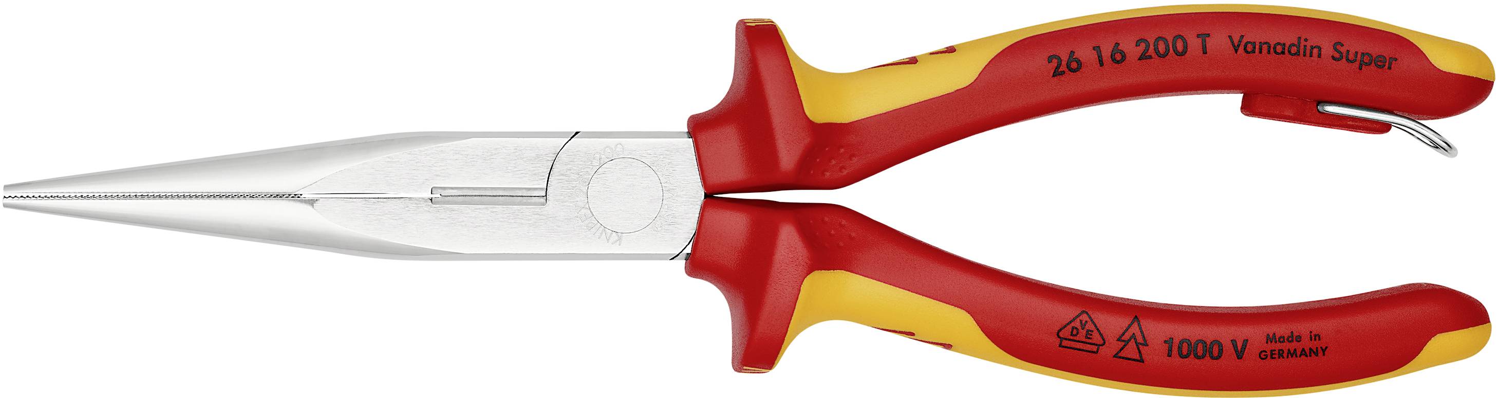 Una pinza isolata, rossa e gialla, a becchi tondi e punta lunga e appuntita, con isolamento fino a 1000V, idonea per lavori elettrotecnici.