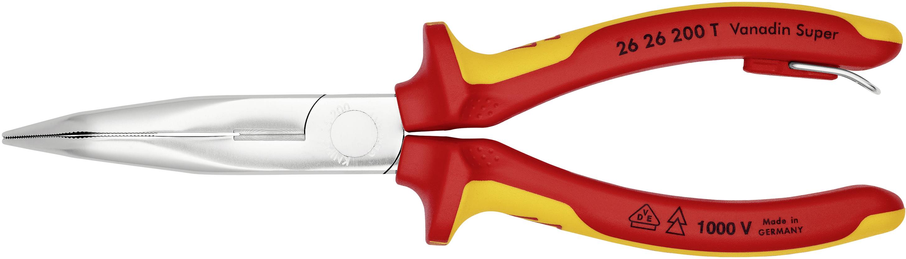 Un paio di pinze a punta isolate di colore rosso e giallo, idonee per lavori fino a 1000 V, poggiate su una superficie bianca.