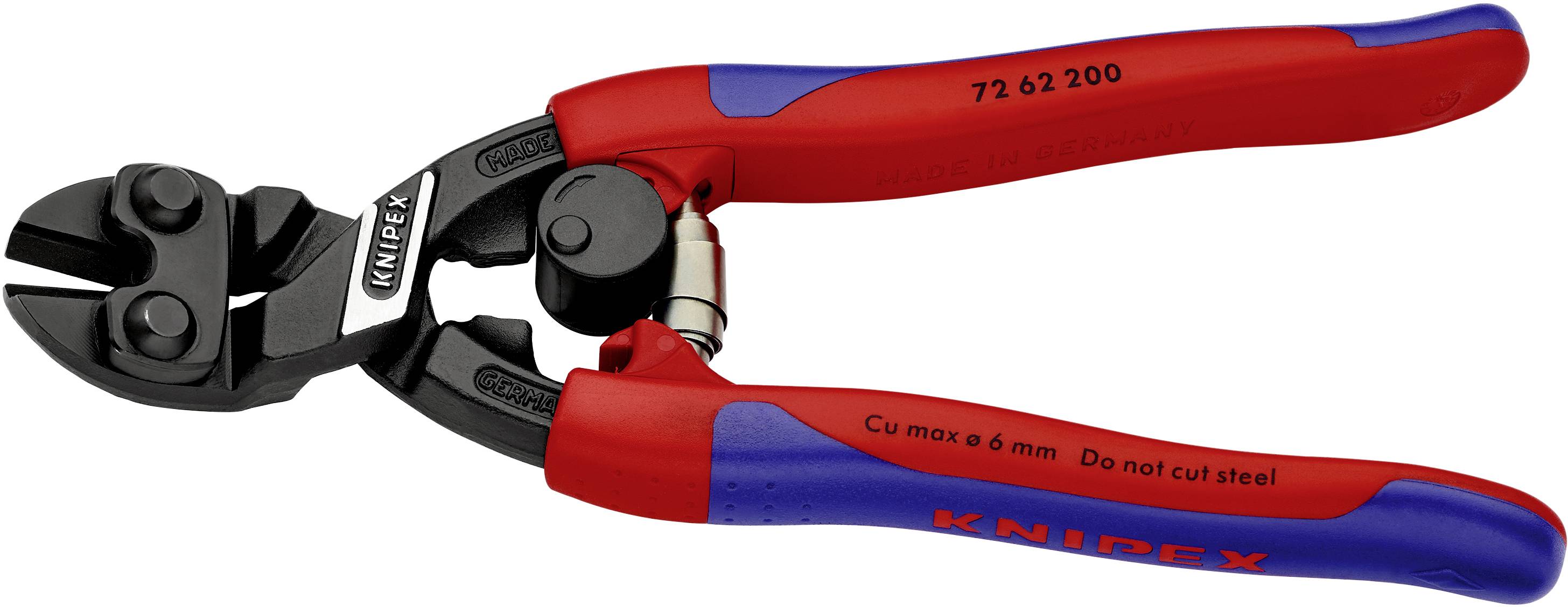 Tronchesi KNIPEX rosse e blu con testa di taglio nera, idonee per rame fino a 6 mm, non adatte per acciaio.