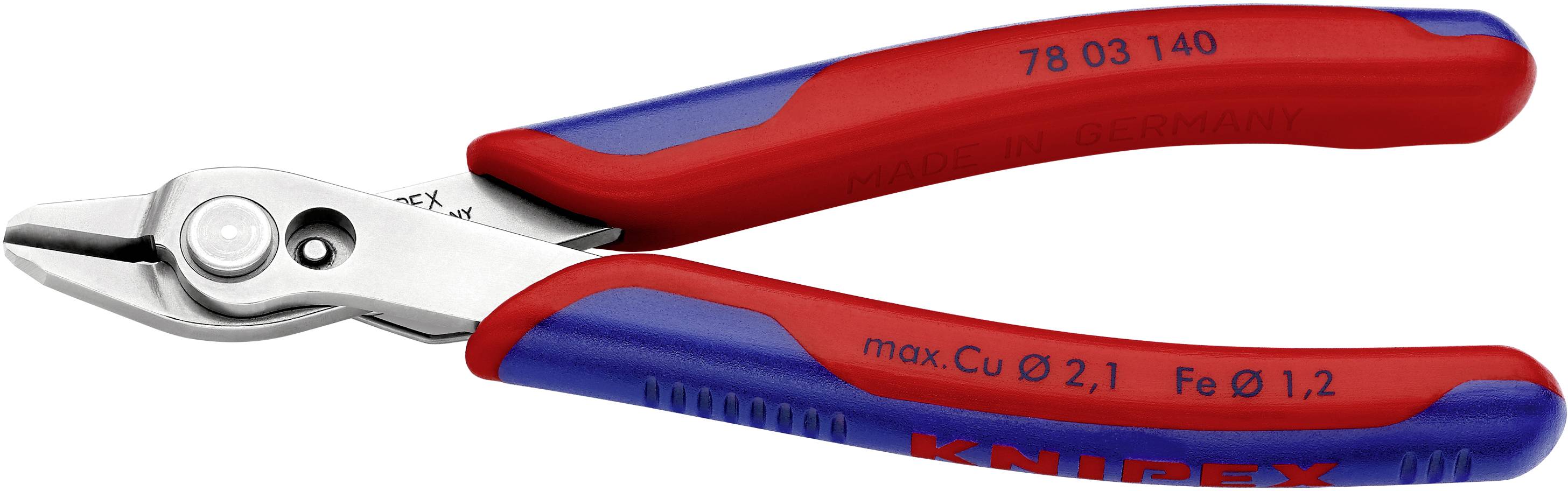 Tronchese con impugnature rosso-blu, adatta per fili morbidi fino a 2,1 mm e fili duri fino a 1,2 mm di diametro.