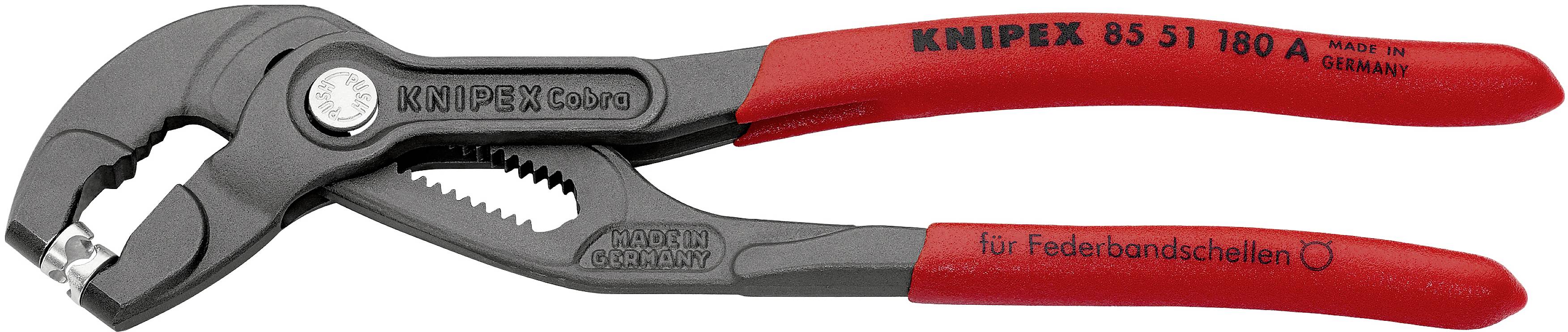 Pinza con manici rossi, marchio 'Knipex' visibile. Utensile per la manipolazione di fascette elastiche. Prodotto in Germania.
