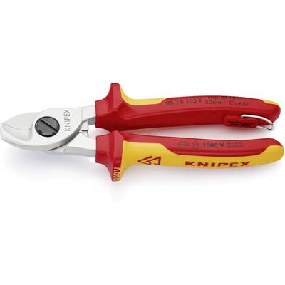Una pinza taglia-cavi Knipex rossa e gialla con manici isolati e scritta '1000 V', idonea per lavorare in sicurezza su linee elettriche.