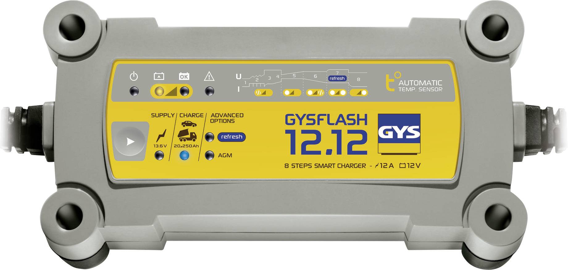 'Caricabatterie GYSFLASH 12.12 con display giallo. Mostra lo stato di carica, supporta batterie da 12V. Funzioni: Alimentazione, Carica, Ripristino.'