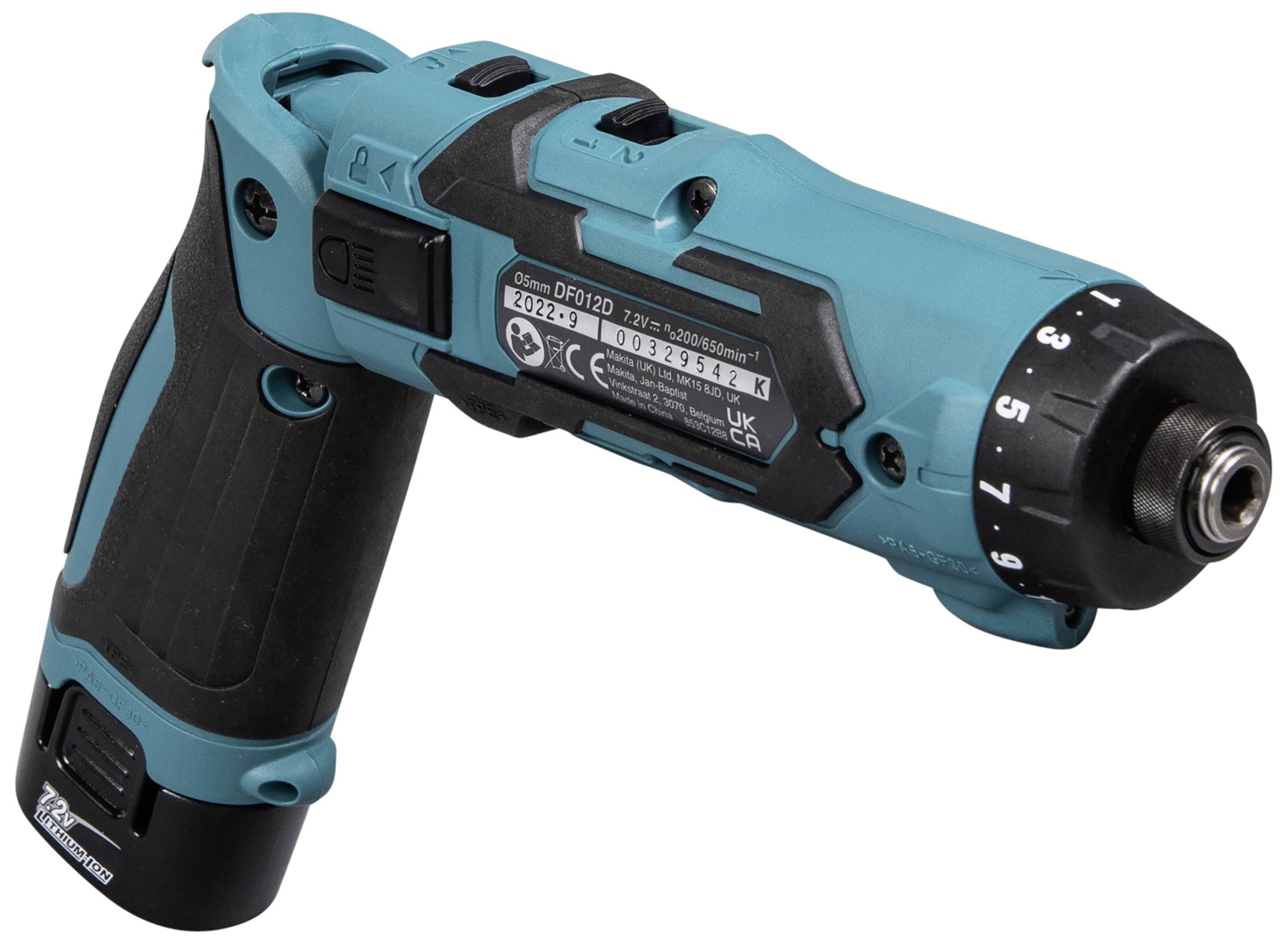 Un cacciavite elettrico blu con impugnatura nera e scritte sul corpo. Dispone di un controllo della velocità variabile.