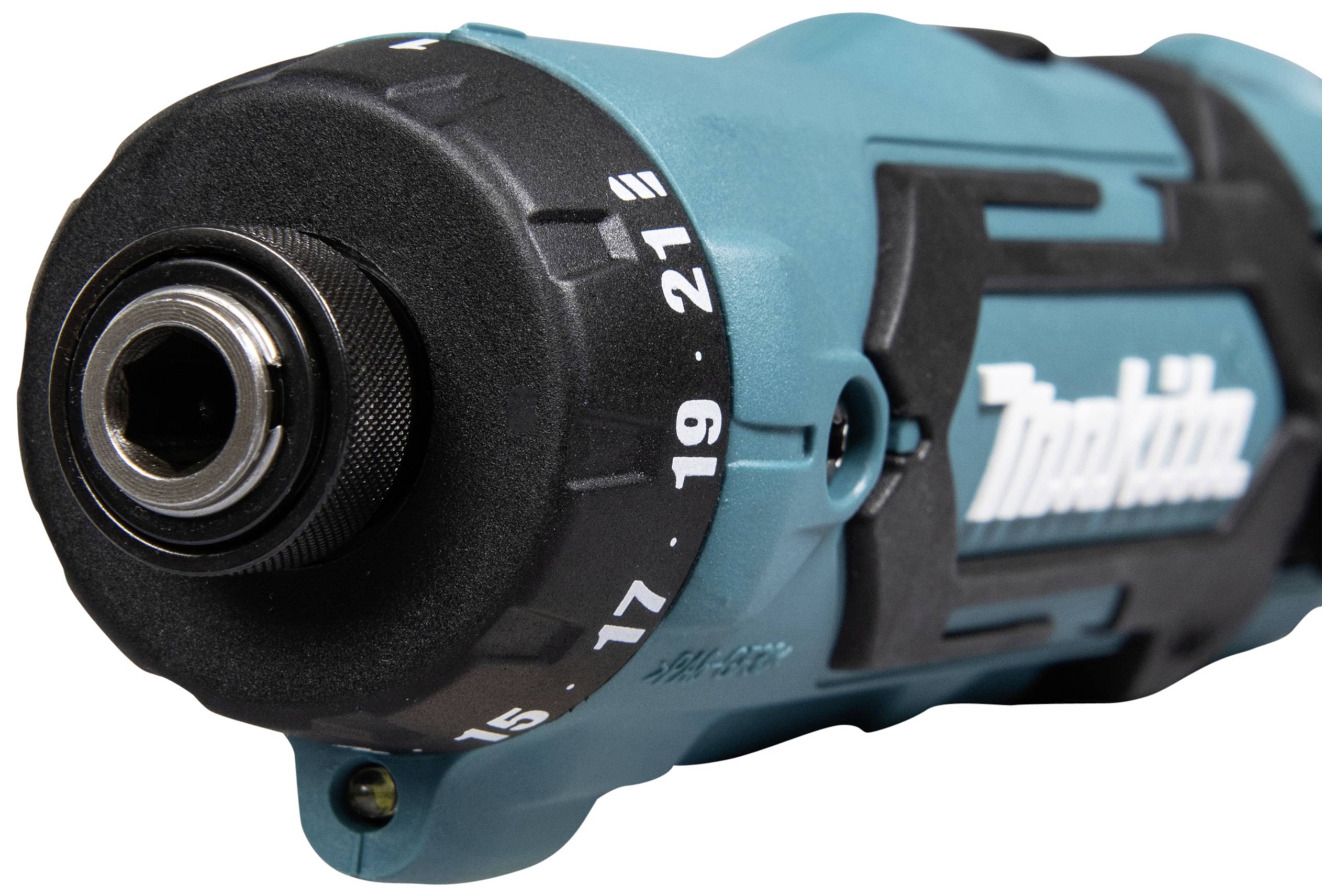 Un utensile da trapano elettrico blu con coppia regolabile, impostato su 20. Marcatura con numeri bianchi da 15 a 21.