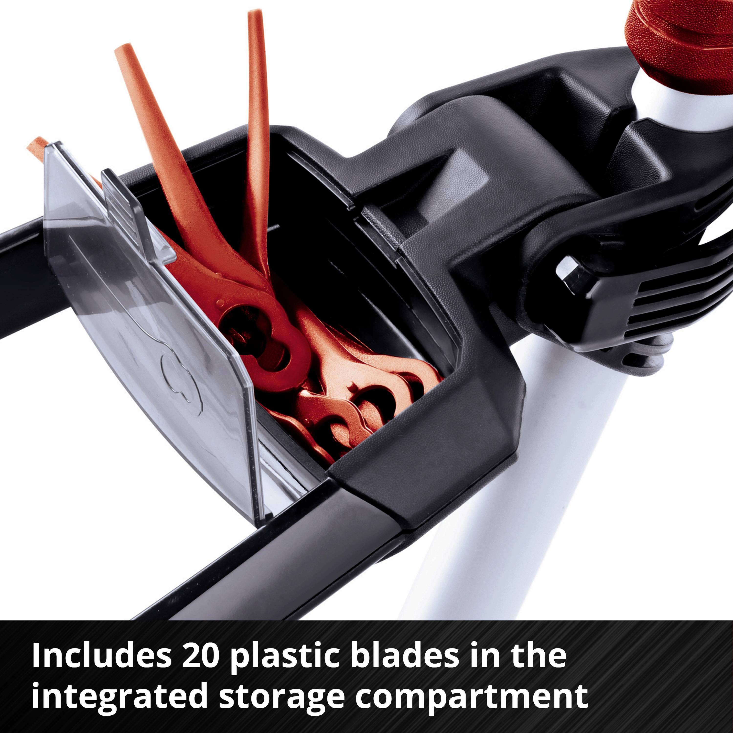 Tagliaerba con vano integrato; mostra lame in plastica estraibili. Testo: 'Incluse 20 lame in plastica nel vano portaoggetti integrato'.