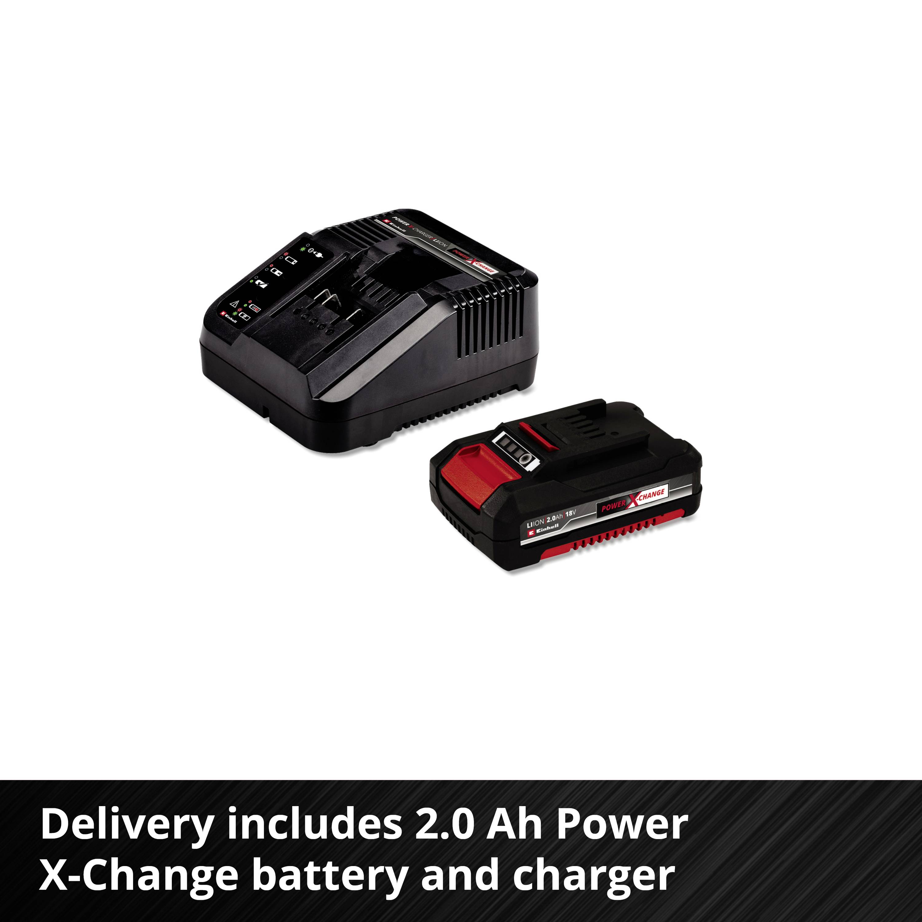 Un set composto da un caricabatterie e una batteria Power X-Change da 2,0 Ah. Testo: 'Fornitura inclusa batteria Power X-Change da 2,0 Ah e caricabatterie'.