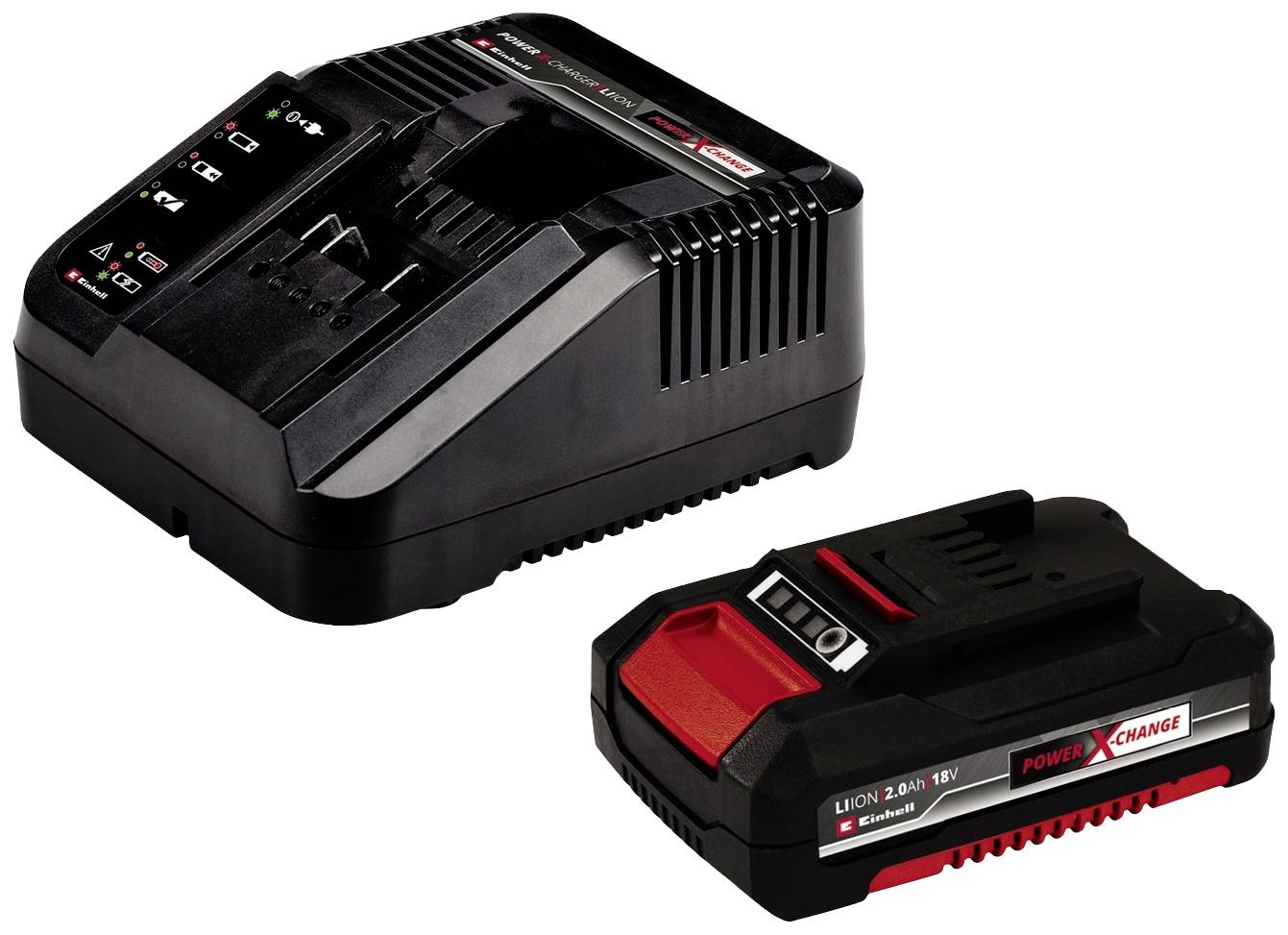 Caricabatterie e batteria agli ioni di litio da 2,0 Ah per utensili. La batteria è contrassegnata con 'Power X-Change'.