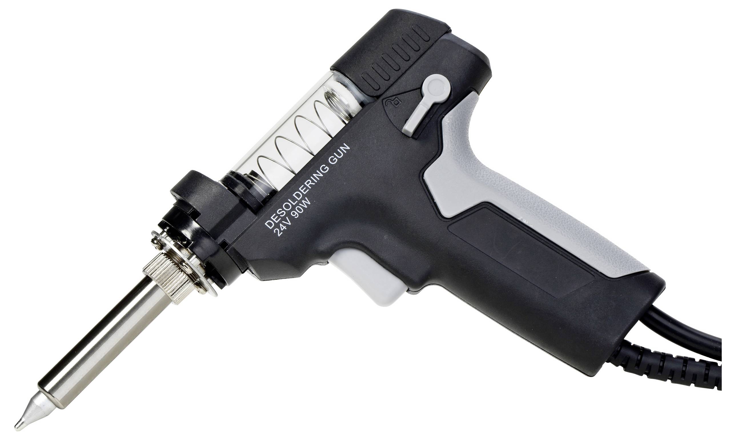 Una pistola per dissaldare nera e argento con grilletto, progettata per rimuovere saldature da componenti elettronici.