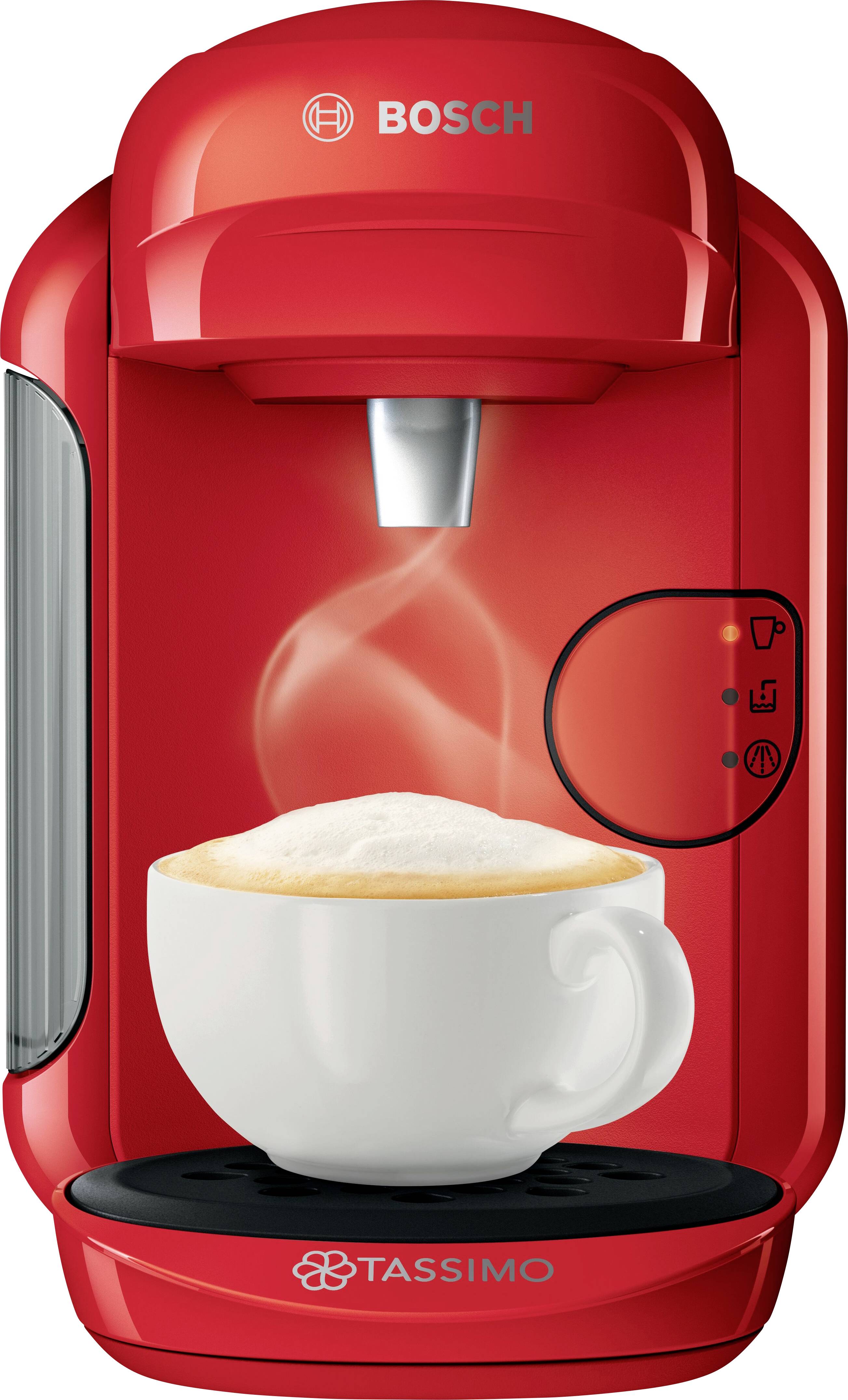 Macchina da caffè Bosch Tassimo rossa con tazza bianca sotto, riempita con un profumato caffè con latte, pronta per l'erogazione.