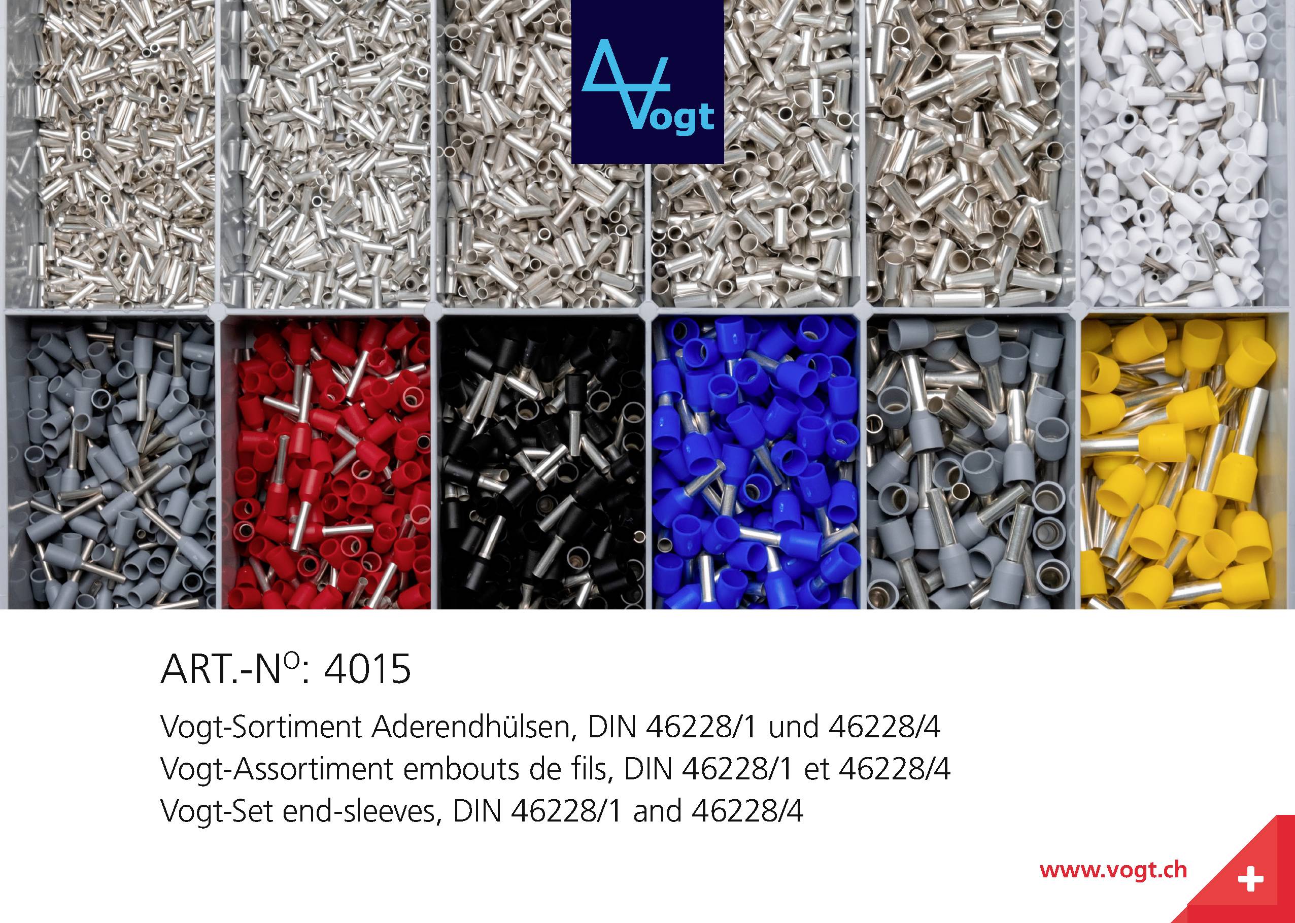 'Vogt assortimento di capicorda in diversi colori e dimensioni, codice articolo 4015. Conforme a DIN 46228/1 e 46228/4.'