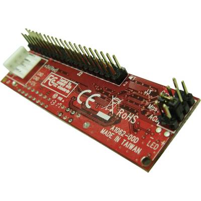 Scheda a circuito stampato rossa con pin, contrassegnata CE e RoHS, con testo stampato: 'Made in Taiwan' e 'FC'.