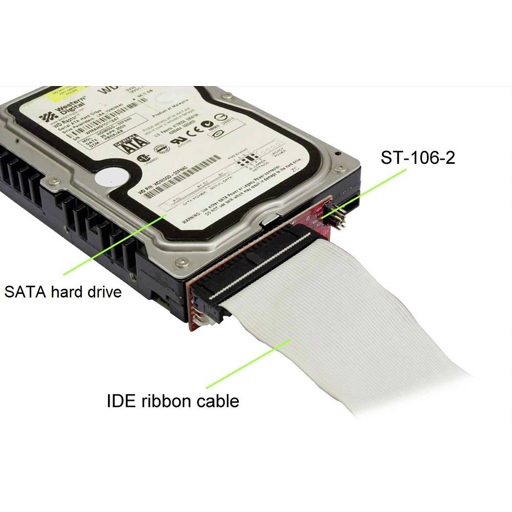 Un hard disk con etichette: 'Hard disk SATA', 'Cavo piatto IDE' e 'ST-106-2', che mostrano connessioni e componenti.