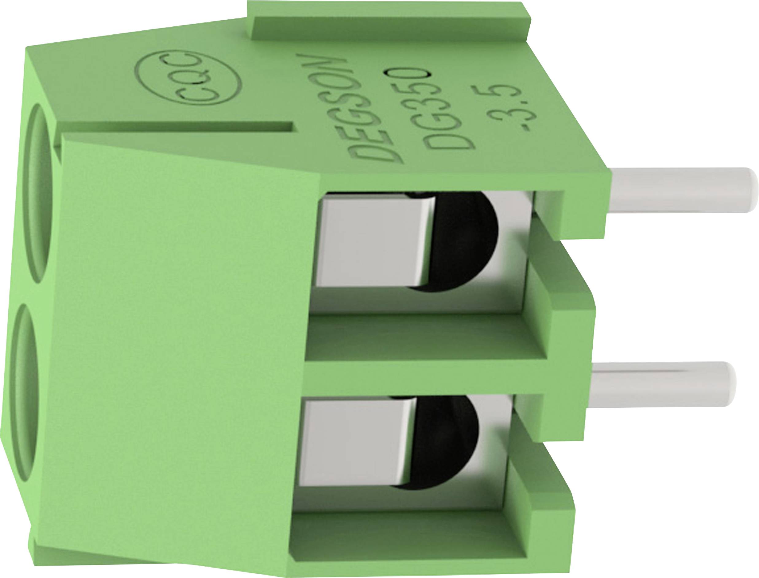 Blocco connettore a vite con 2 pin verde con due piedini metallici, etichettato 'DEGSON DG350 3.5'.