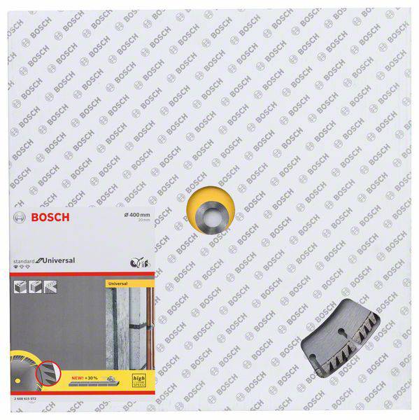 Confezione Bosch di un prodotto per dischi da taglio, che mostra le possibili applicazioni e le informazioni di sicurezza.