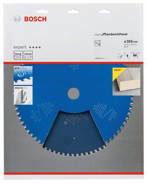 Lama da taglio Bosch blu per pannelli sandwich. Diametro 355 mm. Pubblicizzato come durevole con taglio preciso. Logo Bosch in alto a sinistra.