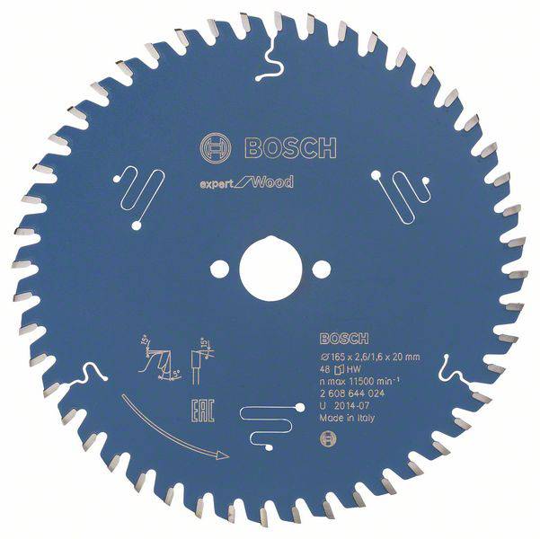 Lama per sega circolare Bosch per legno, diametro 165 mm, 48 denti, velocità massima 11.500 giri/min, Fabbricato in Italia.