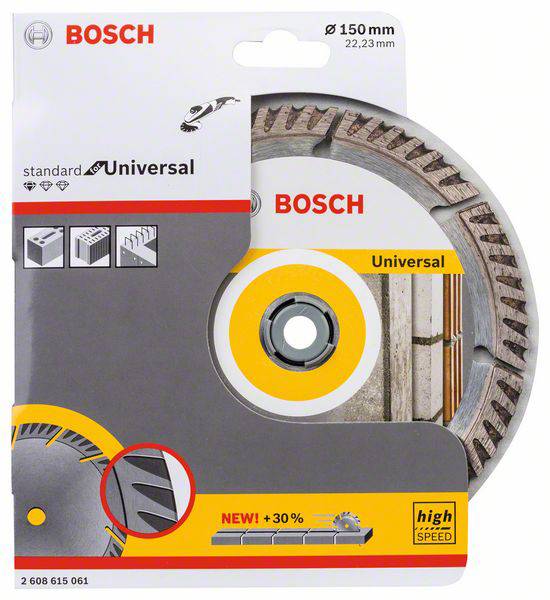 'Lama universale Bosch da 150 mm, utilizzabile per legno, metallo e muratura. 30% più veloce, alta velocità, Standard Universal.'