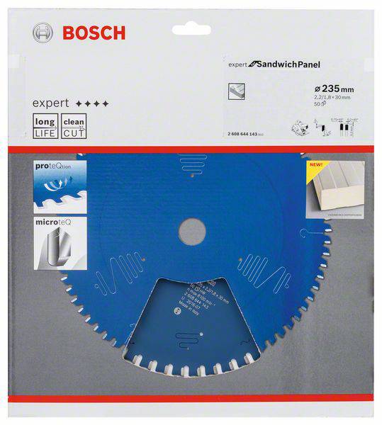 Lama da sega Bosch con design blu, adatto per pannelli sandwich. Diametro: 235 mm. Funzioni: 'lunga durata', 'taglio preciso'.