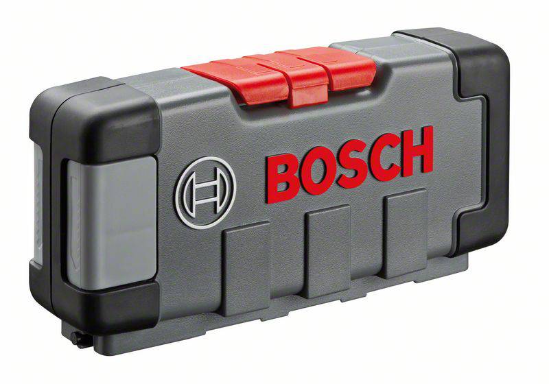 Un contenitore degli attrezzi grigio con logo 'Bosch' rosso e fermagli di chiusura rossi.