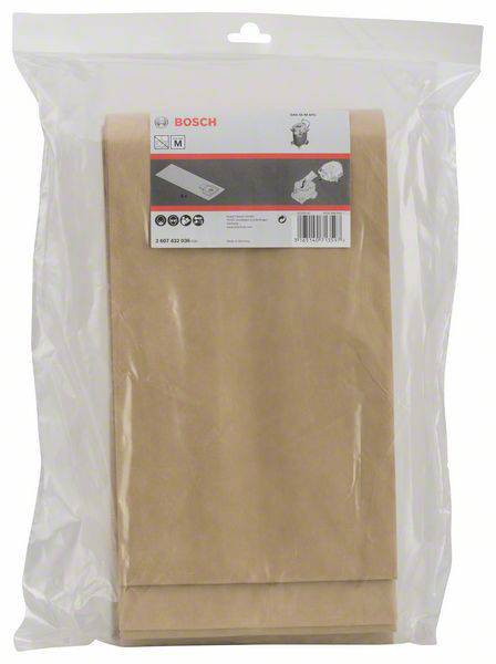 Sacchetti per aspirapolvere Bosch in una confezione di plastica trasparente. Sull'etichetta sono presenti il logo Bosch e le informazioni sul prodotto.